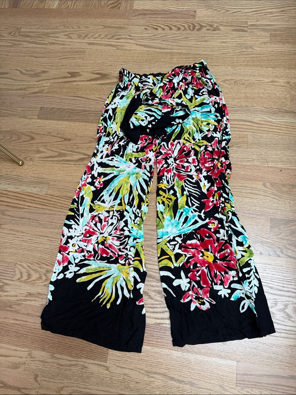 Black Floral Wide-Leg beach coverup Pants - Multicolor Tropical Print
